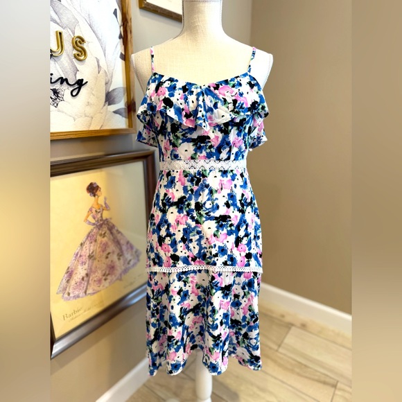5 for $30 BCBGMaxAzria Floral Blue and Pink Midi Ruffle Dress - Picture 1 of 6